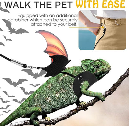 Pawaboo Adjustable Bearded Dragon Harness and Leash, 3 Size Leather Reptile Leash Outdoor Harness Leash with Bat Wings for Lizard Reptiles Amphibians Small Pet, Small/Medium/Large, Gradient Yellow Pawaboo