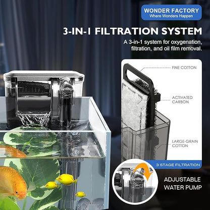 1.5 Gallon Aquarium Fish Tank with HOB Filter and Light, All in one Small Fish Tank kit, Complete Desktop Small Aquarium WONDERFACTORY