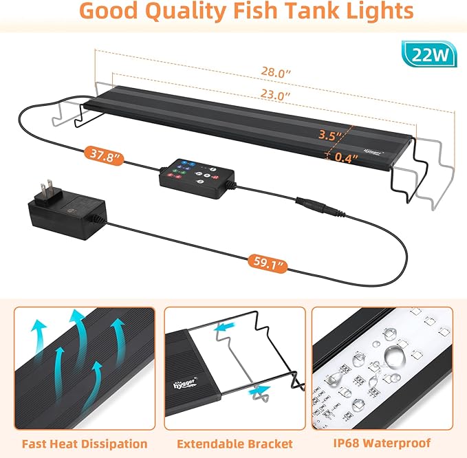 hygger LED Aquarium Light, 22W Full Spectrum Fish Tank Light with Multi-Color Timer DIY Mode 24/7 Natural Mode, Adjustable Brightness, Aquarium Plant Light with Extendable Brackets for 23~28IN Tank hygger