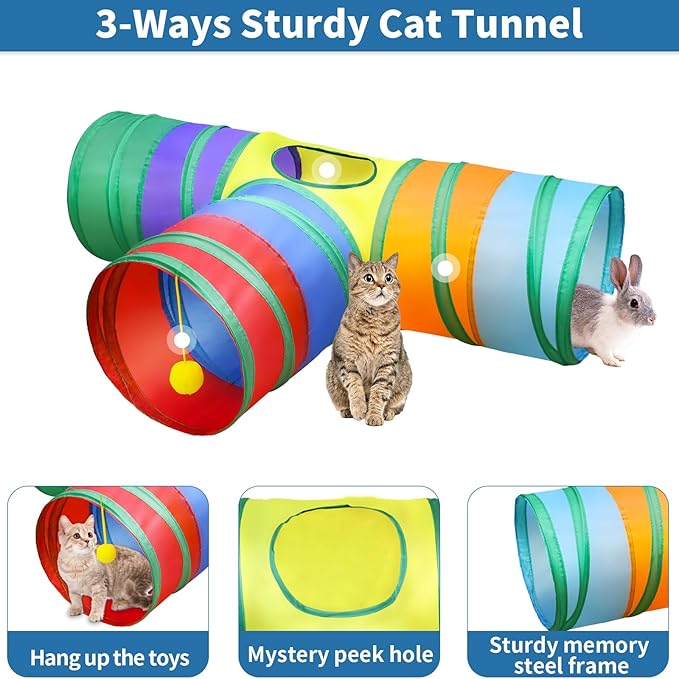 Malier Interactive Cat Tunnel Toys Set With Feather Toy, Crinkle Balls, and 3-Way Tube - Great for Kittens and Cats - PAWPICO