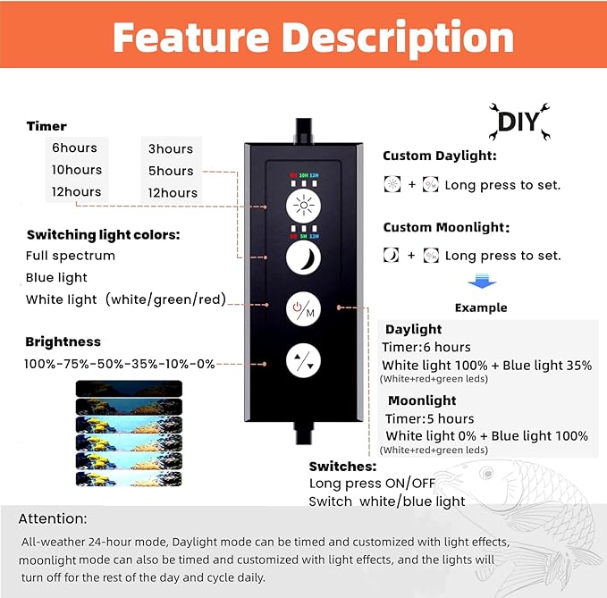 led Aquarium Light,Sunrise/Daylight/Moonlight, DIY Mode, Adjustable Timer/Color Temperature/Brightness, Full Spectrum, Aluminum Alloy Fish Tank Light for 12-54 inch VISTALUM