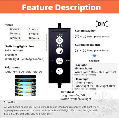 led Aquarium Light,Sunrise/Daylight/Moonlight, DIY Mode, Adjustable Timer/Color Temperature/Brightness, Full Spectrum, Aluminum Alloy Fish Tank Light for 12-54 inch VISTALUM