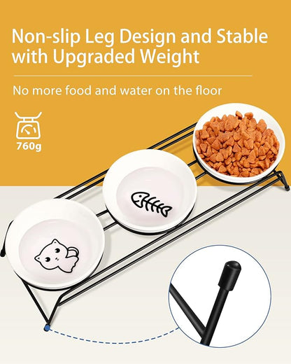 3 Cat Food Bowls Ceramic 13 oz Upgraded with Stainless Steel Stand Non-Slip and Anti-Rust Elevated Raised Cat Bowls for Food and Water, Pet Dishes Bowl for Indoor Cats and Puppy, Dishwasher Safe - PAWPICO