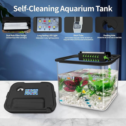Mini Fish Tank Kit 0.8 Gallon, Aquarium Starter Kit with Super-Quiet Water Pump, Dual Rain Filtration, Self Cleaning Function, Shatter-Resistant & Leak-Proof Base (Black) Moonorange