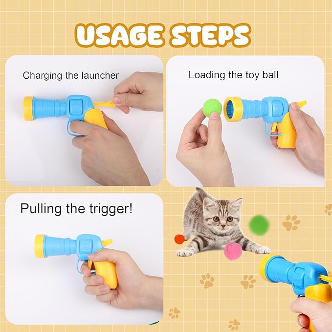 Cat Toy Balls with Launchers Set (1+50), 50 Cat Pom Pom Balls & 1 Cat Toy Ball Launchers (Durable Reinforced Edition), Cat Enrichment Toys, Interactive Cat Toy Balls, Soft & Safe Cat Toys - PAWPICO
