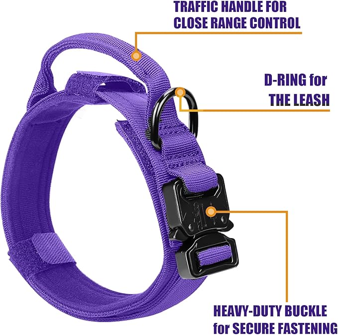 Tactical Dog Collar Military Dog Collar Adjustable Nylon Dog Collar Heavy Duty Metal Buckle with Handle for Dog Training,with Patches(Purple, M) Celifelight