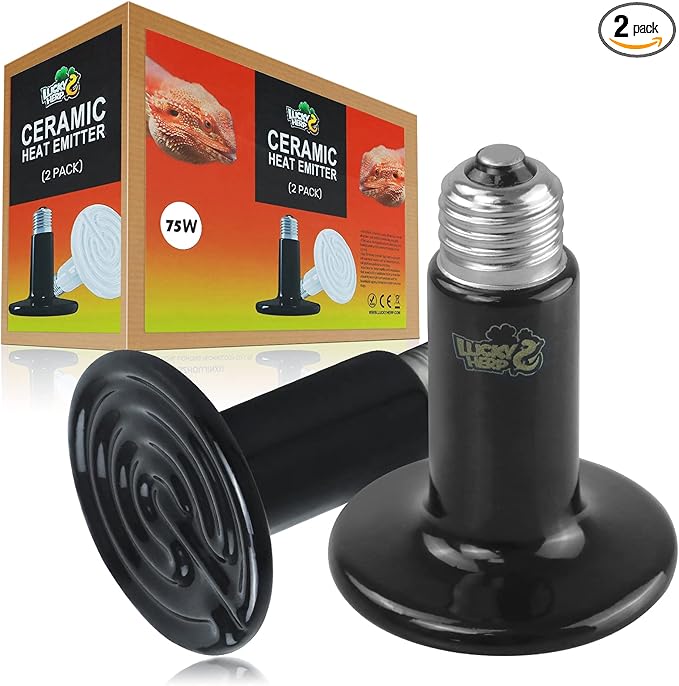 LUCKY HERP 75W Ceramic Heat Emitter, Reptile Heat Bulbs, Ceramic Heat Lamp for Reptiles, Amphibian, Chicken, Dog, Cat (2-Pack) LUCKYHERP