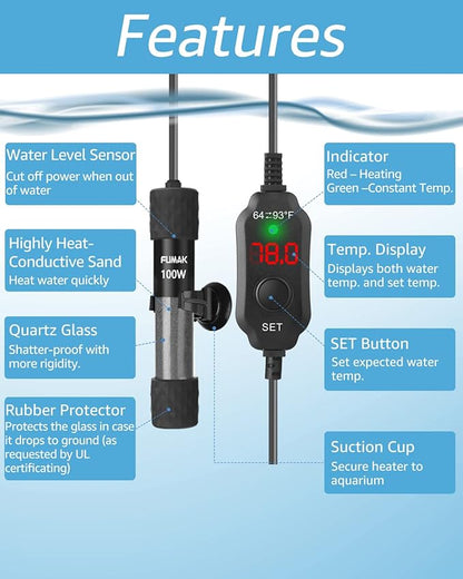 100W Adjustable Aquarium Heater Super Short Submersible Fish Tank Heater Fish Heater with LED Digital Display Thermostat, for Tanks 10-20 Gallons1 FUMAK