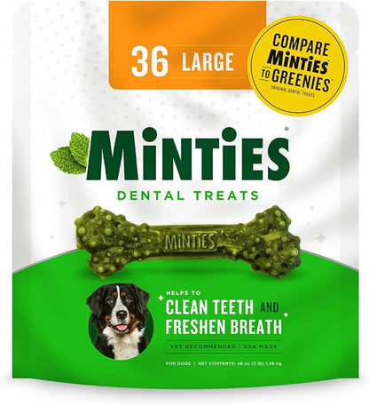 Minties Dental Chews for Dogs, 36 Count, Vet-Recommended Mint-Flavored Dental Treats for Large Dogs Over 50 lbs, Dental Bones Clean Teeth, Fight Bad Breath, and Removes Plaque and Tartar Minties