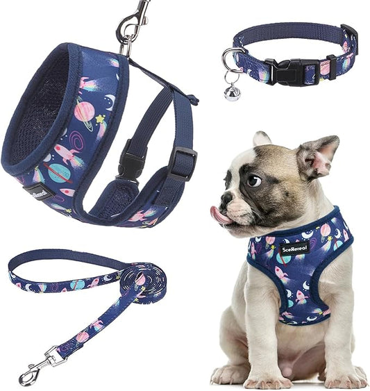 SCENEREAL Small Dog Harness Collar and Leash Set, Adjustable No Pull Pet Harnesses, No Chock Soft Mesh Step in Vest for Doggie Puppy Medium Dogs Cats Girl or Boy,Chihuahua, Yorkie, Outdoor Walking SCENEREAL