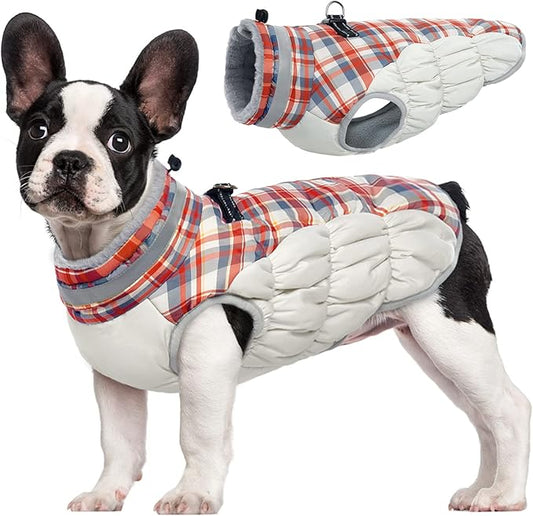 FUAMEY Dog Winter Coat,Dog Jackets with Harness Built in Dog Cold Weather Coats Dog Paded Vest Dog Apparel with Zipper on Back Pet Reflective Clothes for Small Medium Large Dogs Red Plaid S - PAWPICO