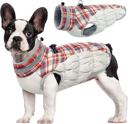 FUAMEY Dog Winter Coat,Dog Jackets with Harness Built in Dog Cold Weather Coats Dog Paded Vest Dog Apparel with Zipper on Back Pet Reflective Clothes for Small Medium Large Dogs Red Plaid XS - PAWPICO