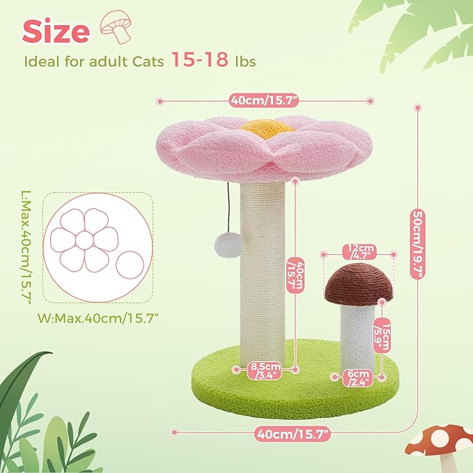 PETEPELA Cat Scratching Post, Mushroom Cat Scratcher Cute Cat Tree Tower with Thick Scratching Post & Removable Flower Cat Bed [Dia=15.7''], Tall Cat Post for Kittens and Indoor Small Cats, Pink - PAWPICO