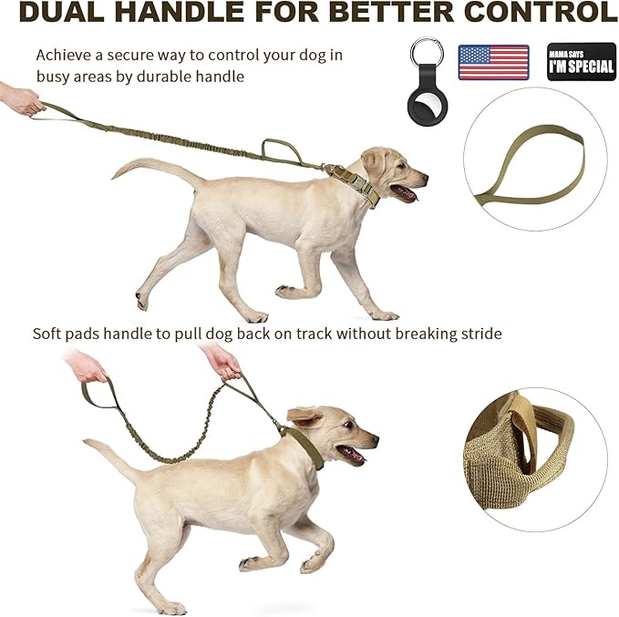 Tactical Dog Collar and Bungee Leash, Camo Military Dog Collar & Leash Set with USA American Flag Adjustable K9 Collar with Heavy Duty Metal Buckle & Handle,with Patches and Airtags Case (M, Brown) Celifelight