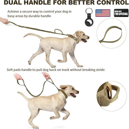 Tactical Dog Collar and Bungee Leash, Camo Military Dog Collar & Leash Set with USA American Flag Adjustable K9 Collar with Heavy Duty Metal Buckle & Handle,with Patches and Airtags Case (M, Brown) Celifelight