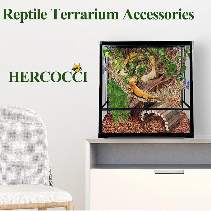 HERCOCCI Bearded Dragon Tank Accessories, Large Reptile Bridge Hammock Flexible - Jungle Climbing Vines and Leaves with Suction Cups Habitat Décor for Hiding& Climbing Snake Gecko Lizard Chameleon HERCOCCI