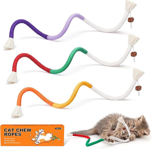 Potaroma Cat Toys Chew Ropes 3Pcs with Refillable Natural Catnip, Safe Teeth Cleaning Toy for Indoor Kittens, Interactive Cat Nip Kitty Toys for All Breeds 19.5 Inches - PAWPICO