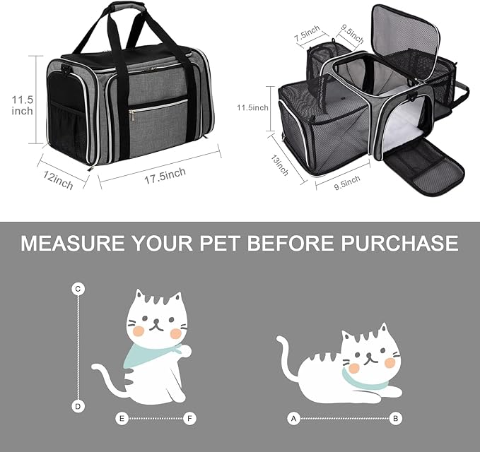 BAGLHER Cat Carrier Bag,Airline Approved Pet Carrier Soft Side Pet Travel 5 Sides Open Doors 3 Sides Expandable Foldable Dog Carrier with Fleece Pad - PAWPICO