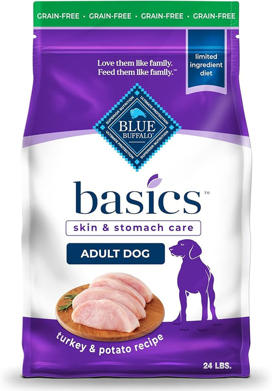 Blue Buffalo Basics Grain-Free Adult Dry Dog Food, Skin & Stomach Care, Limited Ingredient Diet for Dogs, Turkey Recipe, 24-lb. Bag - PAWPICO