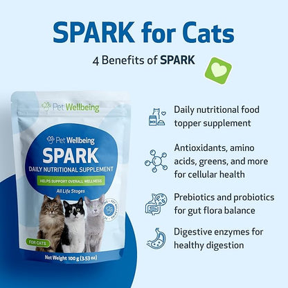 Pet Wellbeing Spark Daily Nutritional Greens Superfood for Cats - Probiotics, Prebiotics, Digestive Enzymes, Amino Acids, Antioxidants, Vitamin D, Spirulina - Veterinarian-Formulated 3.53 oz (100 g) PetWellbeing