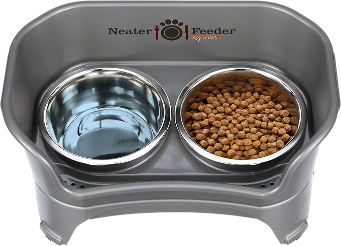 Neater Feeder - Express Model - Mess-Proof Dog Bowls (Medium/Large, Gunmetal Grey) – Made in USA – Elevated, No Spill, Non-Tip, Non-Slip, Raised Stainless Steel Food & Water Pet Bowls - PAWPICO