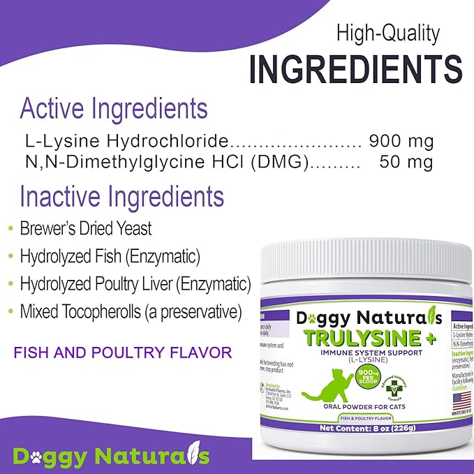 Trulysine Plus L-Lysine for Cats Immune Support Oral Powder 8oz/226g - Cats & Kittens of All Age, Sneezing, Runny Nose Squinting, Watery Eyes-Fish & Poultry Flavor (U.S.A)(225 Grams (900mg / Scoop)) Pet+Health+Pharma