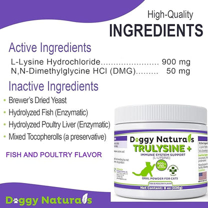 Trulysine Plus L-Lysine for Cats Immune Support Oral Powder 8oz/226g - Cats & Kittens of All Age, Sneezing, Runny Nose Squinting, Watery Eyes-Fish & Poultry Flavor (U.S.A)(225 Grams (900mg / Scoop)) Pet+Health+Pharma