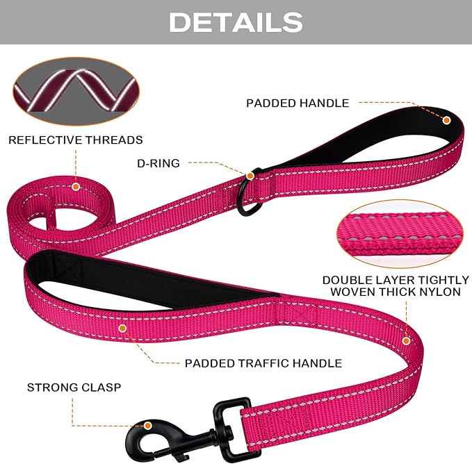 Joytale Dog Leash Heavy Duty for Large Dogs That Pull, Double Handle for Traffic Control, Double-Sided Reflective Leashes for Large Medium Dogs Night Safety, 4FT, Hot Pink Joytale