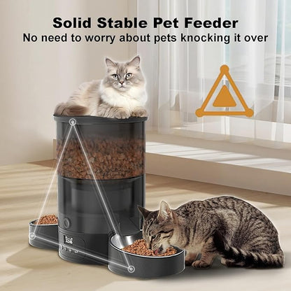 Automatic Cat Feeder for 2 Cats, 3L Cat Food Dispenser SURDY Auto Cat Feeder with 2 Stainless Bowls, 10s Meal Call Dual Power Supply and Timer Setting 12 Portions 6 Meals Per Day for Cats and Dogs - PAWPICO