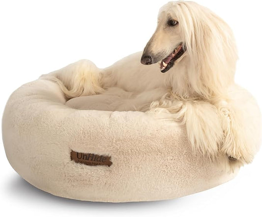 UnHide Floof Pet Bed - Large (35" x 12") - Extra Soft Dog Bed - Removable Faux Fur Cover - Machine Washable - Helps Ease Pet Anxiety & Provides The Perfect Sleep - Beige Bear - PAWPICO
