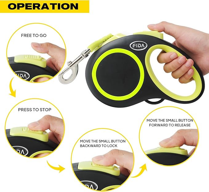 Fida Retractable Dog Leash, Reflective 16ft Heavy Duty Pet Walking Leash for Small/Medium Dog up to 26 lbs, Tangle Free. One-Hand Brake (Small, Neon Yellow) Fida