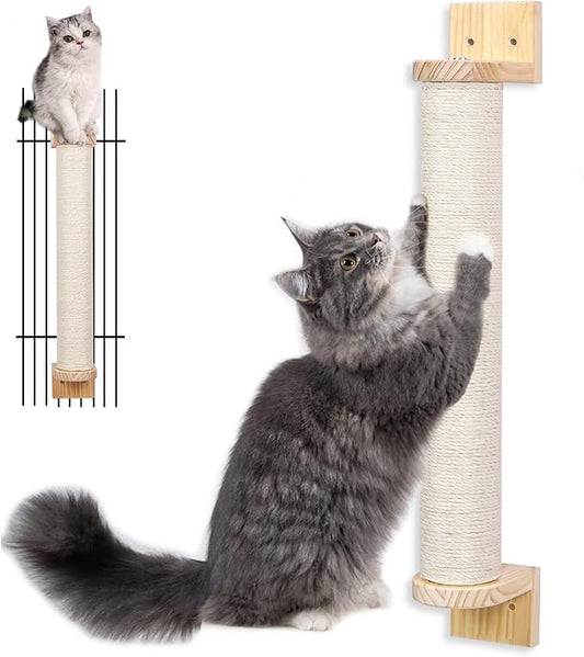 Wall Mounted Cat Scratching Post - 21'' Wooden Sisal Cat Scratcher,Hemp Rope Scratcher Posts for Indoor Cats or Kittens- Cute Modern Wall Mounted Cat Furniture - PAWPICO