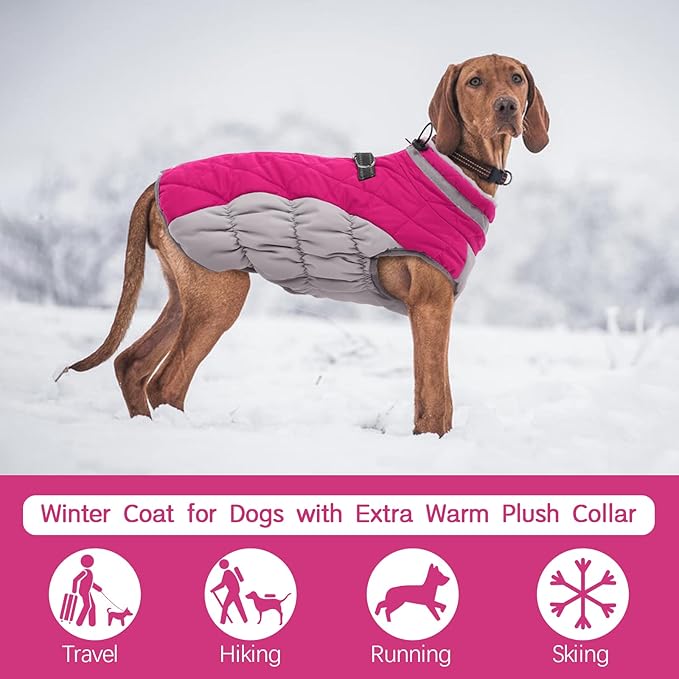 FUAMEY Dog Coat, X-Large, Pink, Faux Fur, Turtle Neck, Zipper, Water Resistant, Reflective, Windproof, Fitted for Large Breeds - PAWPICO