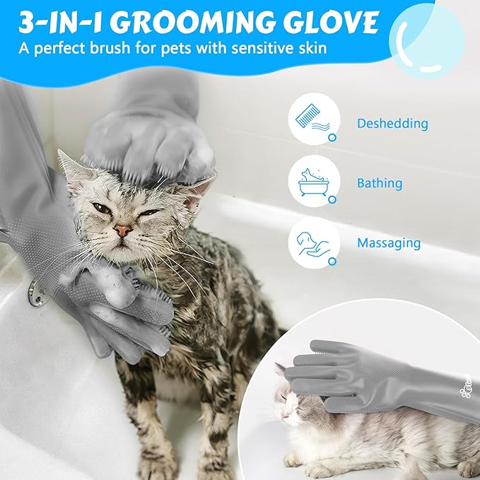 Pecute Pet Grooming Gloves, Large, Gray, Heat Resistant, High-Density Teeth, Silicone Dog Bathing Gloves with Enhanced Five Finger Design, for Washing, Bathing, and Massaging - PAWPICO