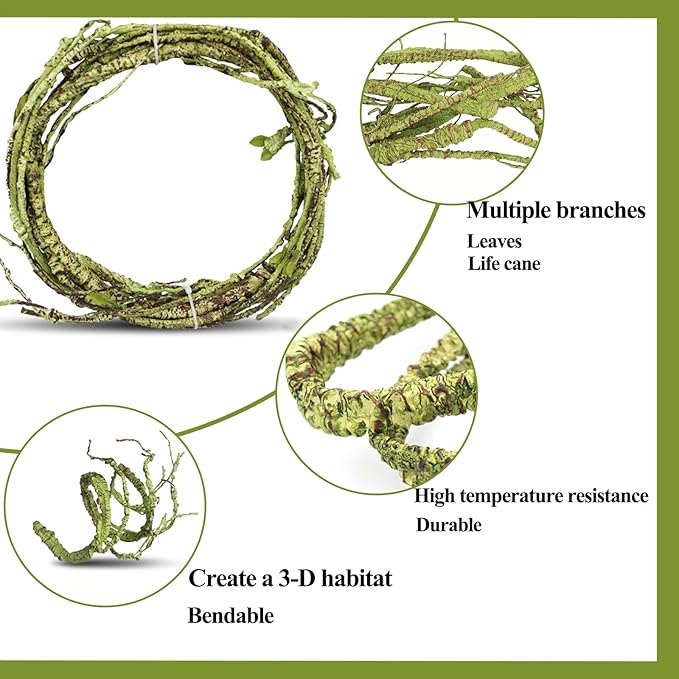HERCOCCI Reptile Vines, Flexible Jungle Climbing Vines Terrarium Plastic Plants and Leaves Tank Accessories Decor for Gecko Snake Lizard Bearded Dragon Hermit Crab Frog HERCOCCI