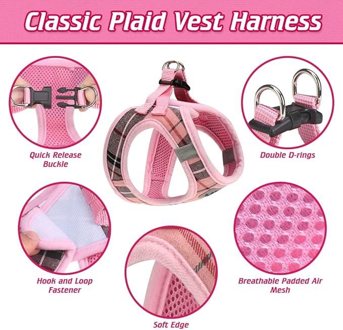 EXPAWLORER Classic Plaid Puppy Harness - Small Dog Harness and Leash Set - Dog Collar and Leash Set with AirTag Holder, Soft Padded Step in Dog Vest Harness No Pull Reflective for Outdoor, Pink M EXPAWLORER