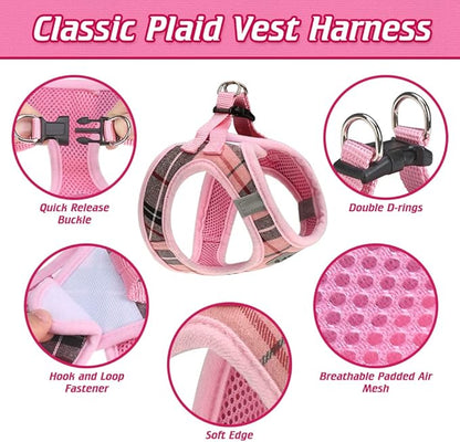 EXPAWLORER Classic Plaid Puppy Harness - Small Dog Harness and Leash Set - Dog Collar and Leash Set with AirTag Holder, Soft Padded Step in Dog Vest Harness No Pull Reflective for Outdoor, Pink M EXPAWLORER