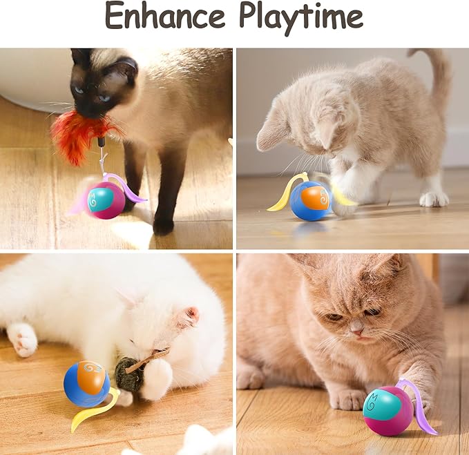 Migipaws Interactive Cat Ball Toy Set, Fun Tracker, Automatic Rolling Chase Ball with Fluffy Tail, A Small Mice, Rechargeable（Rose） - PAWPICO