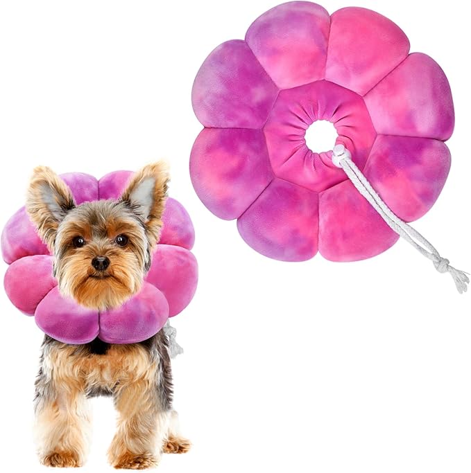 Flower Cat Cone, Uadonile Adjustable Cat Cone Collar, Soft Dog Elizabethan Collar Recovery E Collar After Surgery, Recovery E-Collar for Kittens/Puppies and Cats Recovery(Tie-dye Rose Purple, L) Uadonile