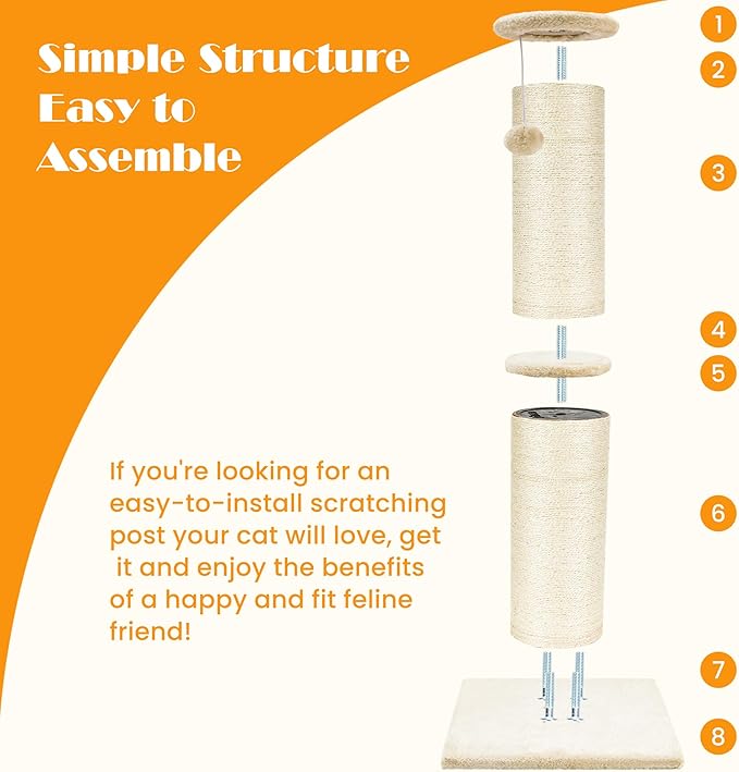 PAWSCRAT Cat Scratching Post 32 Inch High, 5.5 Inch Large Diameter Natural Sisal Cat Scratch Post, Scratch-Resistant and Durable Tall Cat Scratcher for Indoor Cats, Protect Your Furniture, Beige - PAWPICO