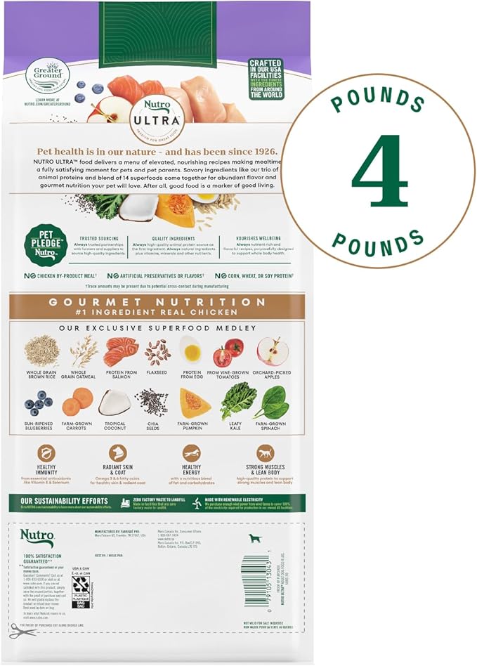 Nutro Ultra Adult Dry Dog Food with a Trio of Proteins from Chicken, Lamb and Salmon, 4 lb. Bag - PAWPICO