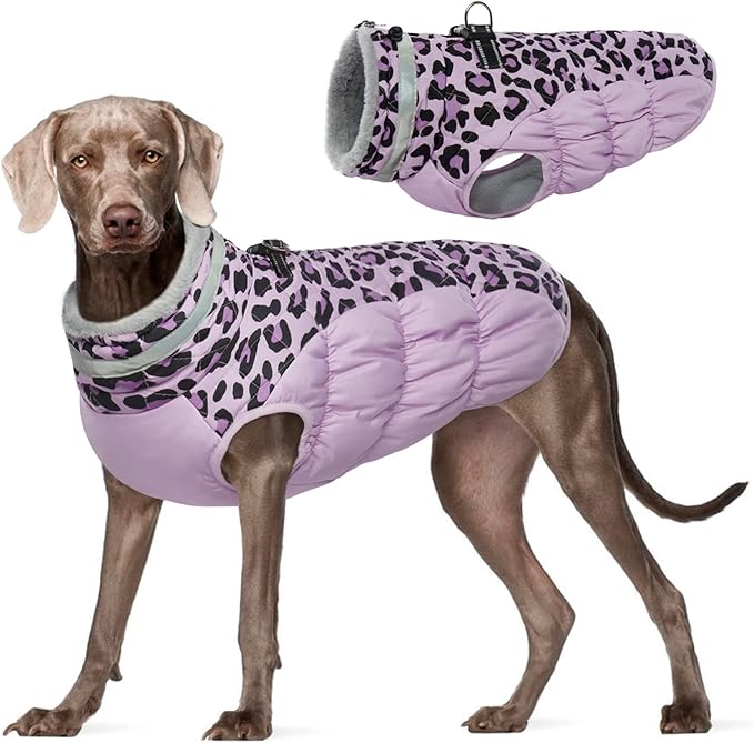 FUAMEY Dog Winter Coat,Dog Cold Weather Coats Dog Jackets with Zipper on Back with Harness Built in Dog Paded Vest Water Resistant Reflective Jacket for Small Medium Large Dogs Purple Leopard XXXL - PAWPICO