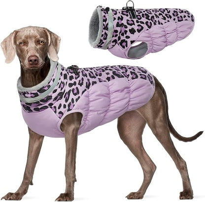 FUAMEY Dog Winter Coat,Dog Cold Weather Coats Dog Jackets with Zipper on Back with Harness Built in Dog Paded Vest Water Resistant Reflective Jacket for Small Medium Large Dogs Purple Leopard XXXL - PAWPICO