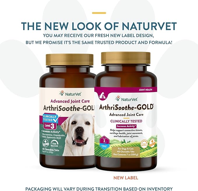 NaturVet ArthriSoothe-Gold Level 3, MSM and Glucosamine for Dogs and Cats, Advanced Joint Care Support Supplement with Chondroitin and Omega 3, Clinically Tested, Chewable Tablets, Made in The USA NaturVet