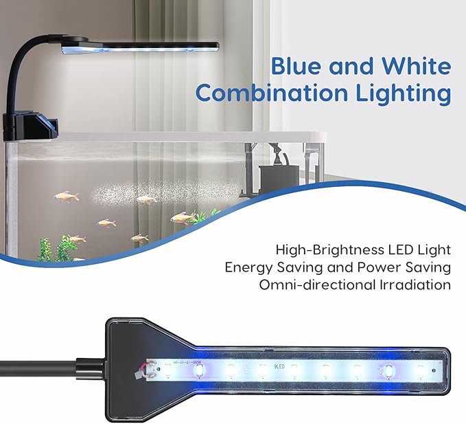 FYD LED Aquarium Light, 2.9W Clip on Aquarium Light Suitable for Uncovered Aquariums Under 15 Inches, Fish Tank Light with White & Blue Lights, Aquarium Plant Light for Reef Coral Aquatic Plants FYD
