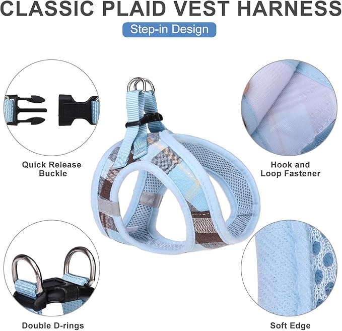 EXPAWLORER Classic Plaid Puppy Harness - Small Dog Harness and Leash Set - Dog Collar and Leash Set with AirTag Holder, Soft Padded Step in Dog Vest Harness No Pull Reflective for Outdoor, Blue M EXPAWLORER