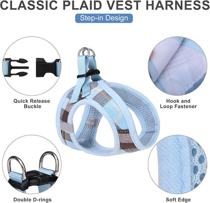 EXPAWLORER Classic Plaid Step in Dog Harness - Small Dog Collar and Leash - Soft Mesh Padded Adjustable Small Dog Vest Harness No Pull, Reflective Escape Proof for Outdoor Walking, Blue Large EXPAWLORER