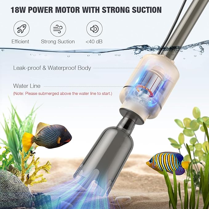 AKKEE Aquarium Vacuum Gravel Cleaner: 18W Gravel Vacuum for Fish Tank with Strong Suction for Automatic Change Water, Remove Dirt Wash Sand Water Shower and Water Circulation, Beige AKKEE