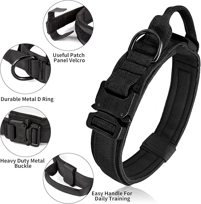 Tactical Dog Collar - Military Dog Collar, Adjustable Heavy Duty Metal Buckle Nylon Dog Collar with Control Handle for Small Medium Large Dogs (Black, M) ANTSWISH