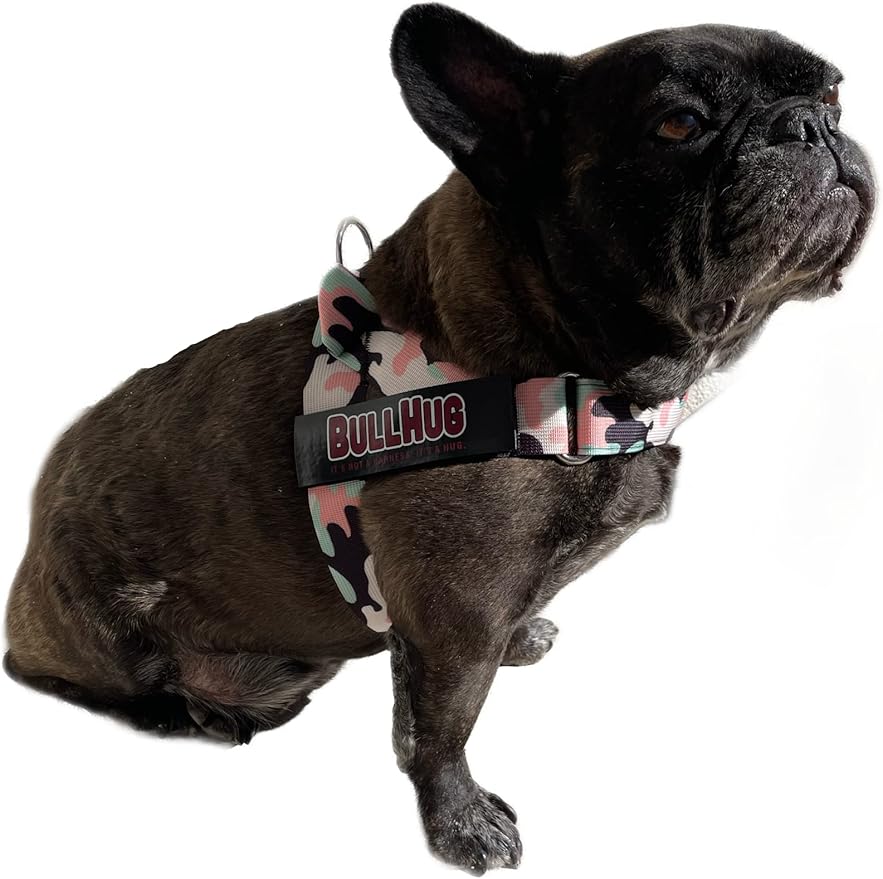 BULLHUG Harness – Made for Larger Chested Dogs Like English Bulldogs, French Bulldogs, Pugs & More. Stops Dogs from Pulling & Choking on Walks (Pink & Mint Camouflage, XL) BULLHUG